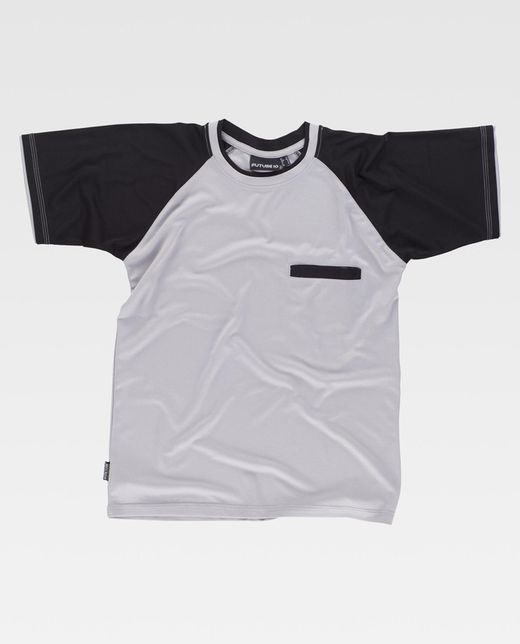 Kurzarm-T-Shirt mit Kontrastärmeln und Brusttasche Hellgrau Schwarz