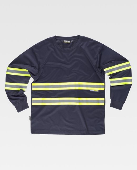 Langärmliges T-Shirt, Rundhalsausschnitt, kombinierte reflektierende Bänder Navy Yellow AV