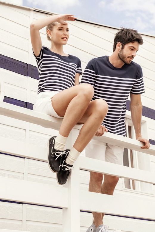 T-Shirt im Marine-Stil mit Rundhalsausschnitt Bio Damen