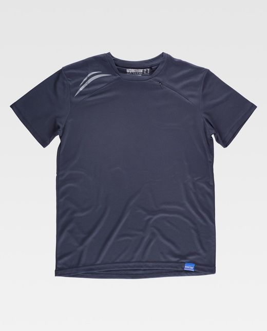 Technisches Kurzarm-T-Shirt mit fluoreszierenden Details und Brusttasche mit verstecktem Reißverschluss Navy