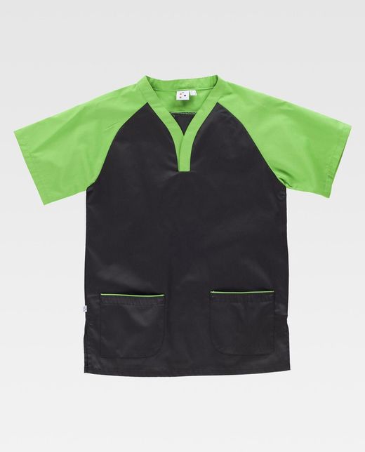 Casaca bicolor con manga ranglan corta y dos bolsillos Negro Verde Pistacho