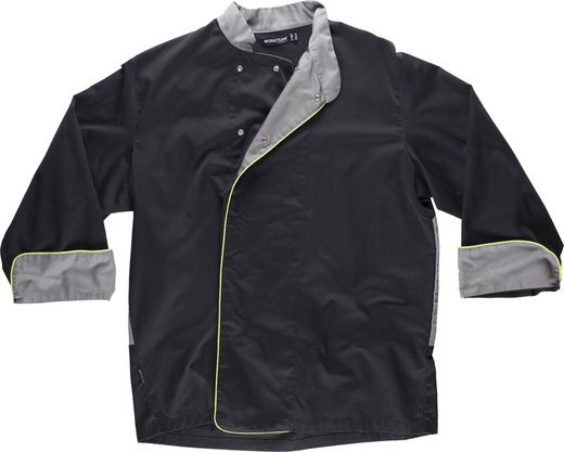 Combined kitchen jacket, with AV trims Bird-eye fabric on armhole and back Anti-stain Tto Black Gray Yellow AV