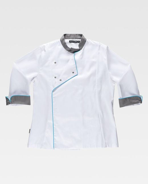 Damen Küchenjacke kombiniert mit Paspel Bird-Eye Stoff auf Armloch und Rücken Fleckenresistent Tto White Grey
