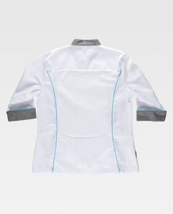 Damen Küchenjacke kombiniert mit Paspel Bird-Eye Stoff auf Armloch und Rücken Fleckenresistent Tto White Grey