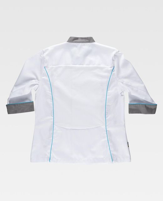 Damen Küchenjacke kombiniert mit Paspel Bird-Eye Stoff auf Armloch und Rücken Fleckenresistent Tto White Grey
