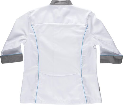 Damen Küchenjacke kombiniert mit Paspel Bird-Eye Stoff auf Armloch und Rücken Fleckenresistent Tto White Grey