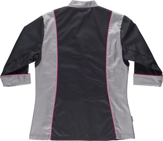 Damen Küchenjacke kombiniert mit Paspel Bird-Eye Stoff auf Armloch und Rücken Anti-Fleck Tto Black Grey