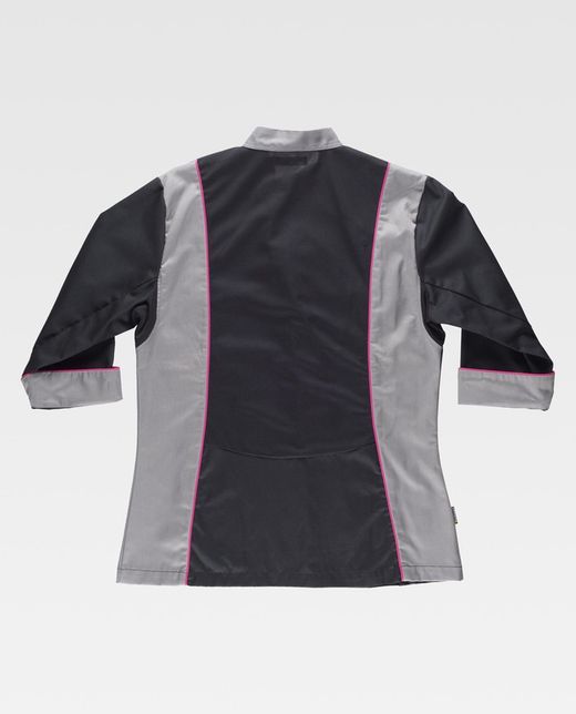 Damen Küchenjacke kombiniert mit Paspel Bird-Eye Stoff auf Armloch und Rücken Anti-Fleck Tto Black Grey