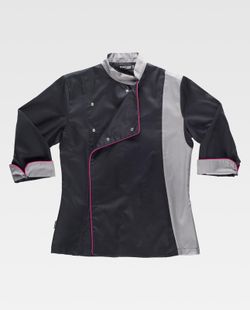 Damen Küchenjacke kombiniert mit Paspel Bird-Eye Stoff auf Armloch und Rücken Anti-Fleck Tto Black Grey