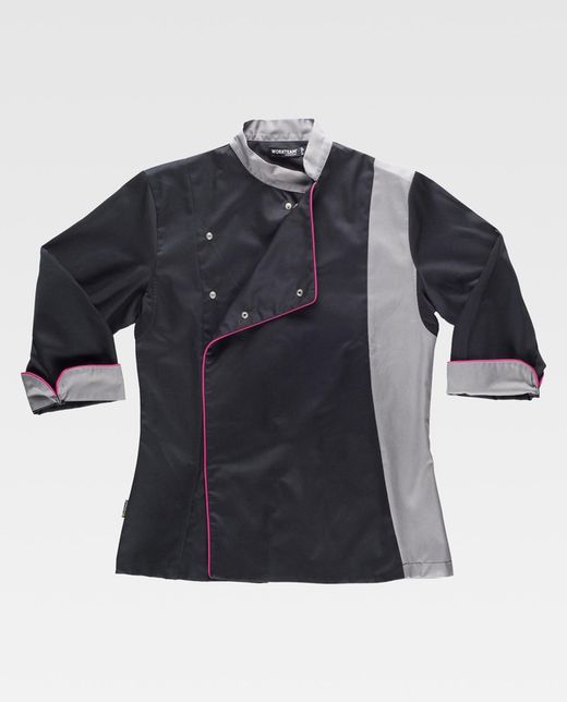 Damen Küchenjacke kombiniert mit Paspel Bird-Eye Stoff auf Armloch und Rücken Anti-Fleck Tto Black Grey