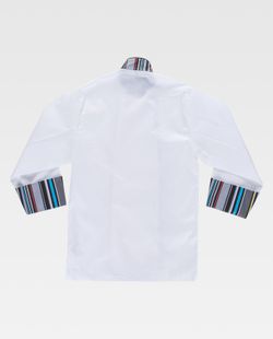 Kochjacke mit Sicherheitsknöpfen, weiß gestreifte Manschetten