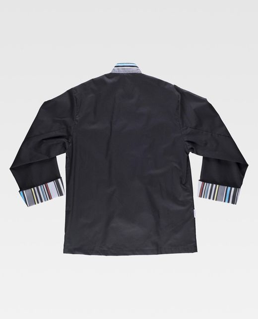 Kochjacke mit Sicherheitsknöpfen, schwarz gestreifte kombinierte Manschetten