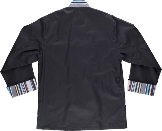 Kochjacke mit Sicherheitsknöpfen, schwarz gestreifte kombinierte Manschetten
