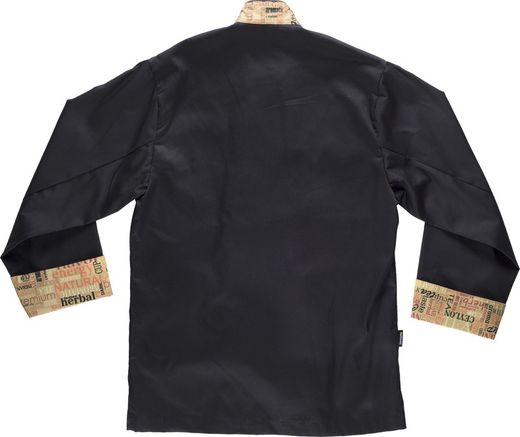 Kochjacke mit Sicherheitsknöpfen, kombinierte Manschetten mit schwarzen Buchstaben