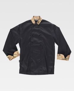 Kochjacke mit Sicherheitsknöpfen, kombinierte Manschetten mit schwarzen Buchstaben
