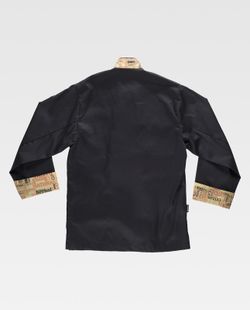 Kochjacke mit Sicherheitsknöpfen, kombinierte Manschetten mit schwarzen Buchstaben
