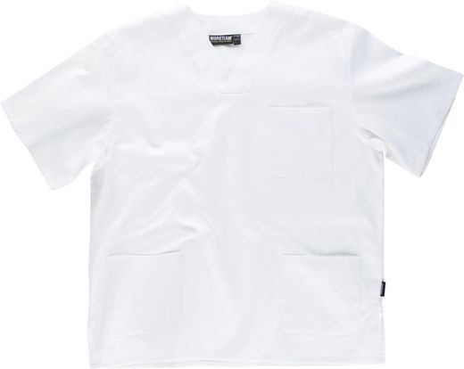 Giacca con scollo a V, maniche corte, una borsa sul petto, 2 borse basse, 100% cotone bianco