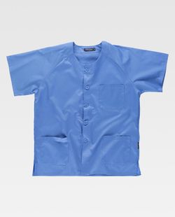 Button-down-Damenjacke mit kurzen Ärmeln, Brusttasche und Celeste mit zwei Säumen