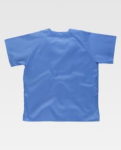 Button-down-Damenjacke mit kurzen Ärmeln, Brusttasche und Celeste mit zwei Säumen