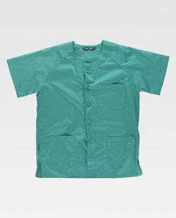 Kurzärmelige geknöpfte Damenjacke, eine Brusttasche und zwei grüne Säume