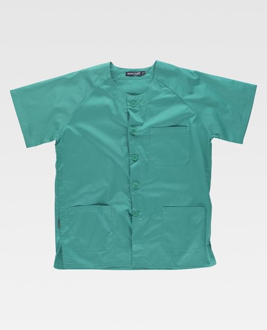 Kurzärmelige geknöpfte Damenjacke, eine Brusttasche und zwei grüne Säume