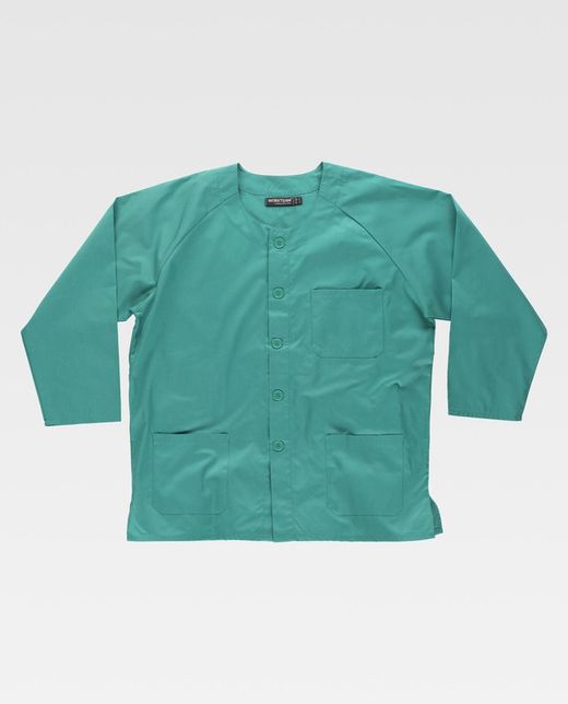Langärmelige geknöpfte Damenjacke, eine Brusttasche und zwei grüne Säume