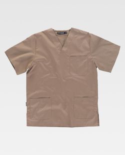 Kurzärmlige Sanitärjacke mit V-Ausschnitt, eine Brusttasche, zwei niedrige Taschen Beige