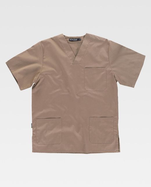 Kurzärmlige Sanitärjacke mit V-Ausschnitt, eine Brusttasche, zwei niedrige Taschen Beige