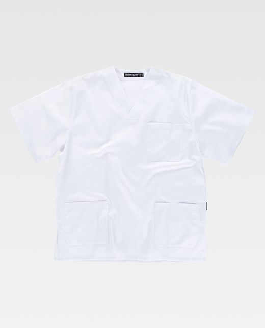 Kurzarm-Damenjacke mit V-Ausschnitt, eine Brusttasche, zwei niedrige Taschen Weiß
