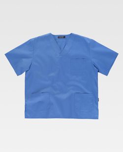 Kurzärmlige Sanitärjacke mit V-Ausschnitt, eine Brusttasche, zwei niedrige Celeste-Taschen