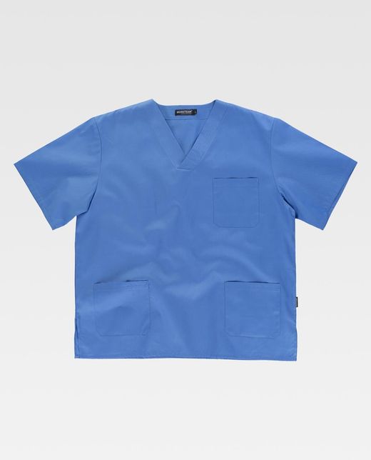Kurzärmlige Sanitärjacke mit V-Ausschnitt, eine Brusttasche, zwei niedrige Celeste-Taschen