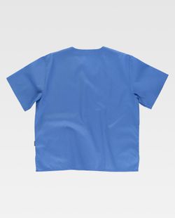 Kurzärmlige Sanitärjacke mit V-Ausschnitt, eine Brusttasche, zwei niedrige Celeste-Taschen