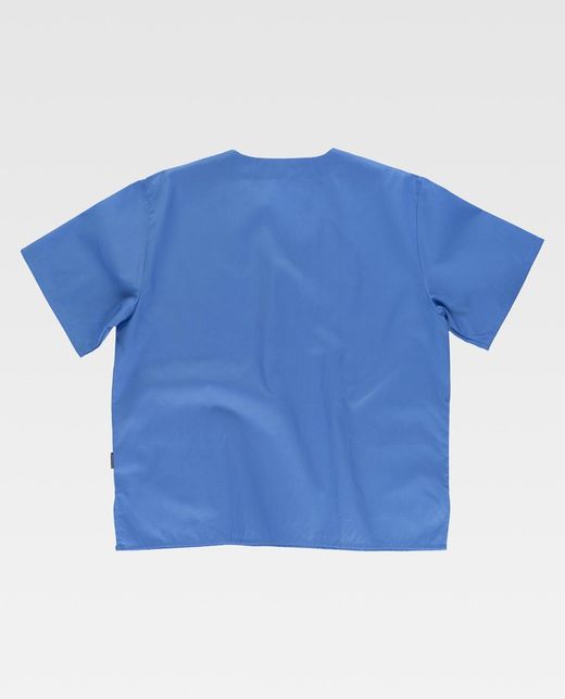 Kurzärmlige Sanitärjacke mit V-Ausschnitt, eine Brusttasche, zwei niedrige Celeste-Taschen