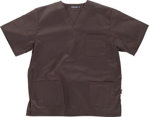 Giacca sanitaria scollo a V con maniche corte, una borsa sul petto, due borse basse marrone