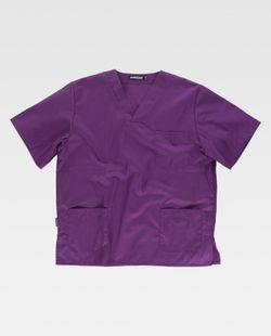 Kurzärmlige Sanitärjacke mit V-Ausschnitt, eine Brusttasche, zwei niedrige Taschen Lila