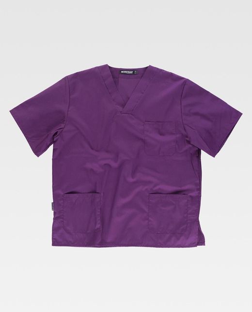 Kurzärmlige Sanitärjacke mit V-Ausschnitt, eine Brusttasche, zwei niedrige Taschen Lila