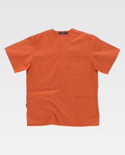 Kurzärmlige Sanitärjacke mit V-Ausschnitt, eine Brusttasche, zwei niedrige Taschen Orange