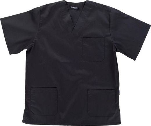 Veste sanitaire à col en V à manches courtes, un sac de poitrine, deux sacs bas Noir