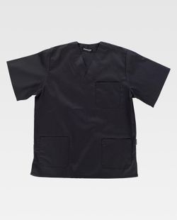 Kurzärmlige Sanitärjacke mit V-Ausschnitt, eine Brusttasche, zwei niedrige Taschen Schwarz