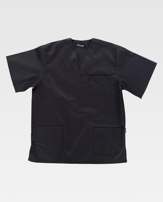 Kurzärmlige Sanitärjacke mit V-Ausschnitt, eine Brusttasche, zwei niedrige Taschen Schwarz