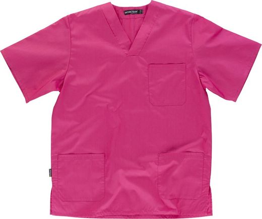 Veste hygiénique à col en V à manches courtes, un sac de poitrine, deux petits sacs Fuchsia Rose
