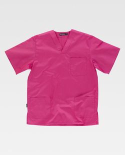 Kurzarm-Damenjacke mit V-Ausschnitt, eine Brusttasche, zwei niedrige Taschen Fuchsia Pink