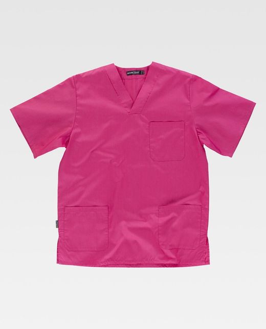 Kurzarm-Damenjacke mit V-Ausschnitt, eine Brusttasche, zwei niedrige Taschen Fuchsia Pink