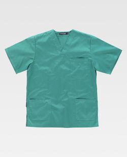 Kurzärmlige Sanitärjacke mit V-Ausschnitt, eine Brusttasche, zwei niedrige Taschen Grün