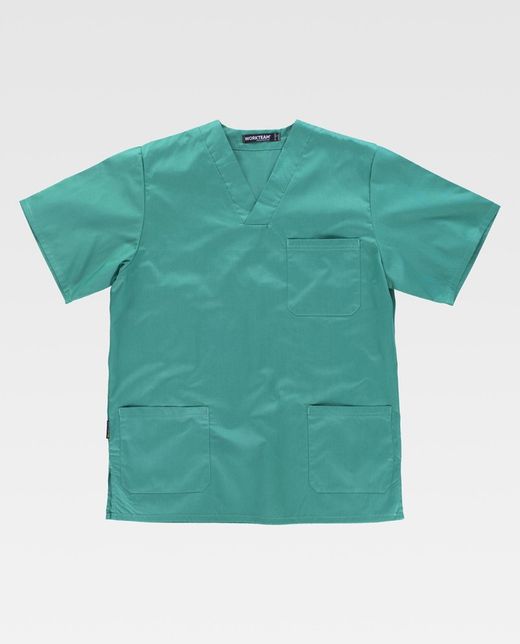 Kurzärmlige Sanitärjacke mit V-Ausschnitt, eine Brusttasche, zwei niedrige Taschen Grün