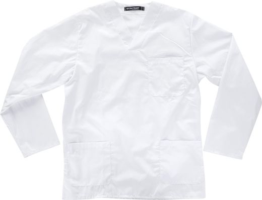 Veste hygiénique à col en V à manches longues, un sac de poitrine, deux sacs bas Blanc
