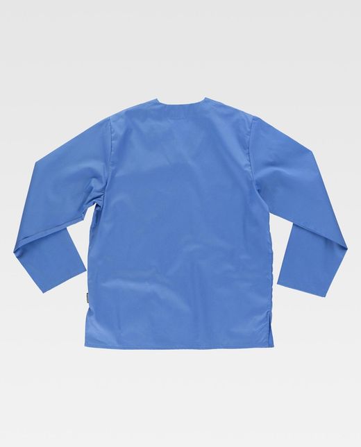 Langärmlige Sanitärjacke mit V-Ausschnitt, eine Brusttasche, zwei niedrige Celeste-Taschen