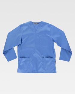 Langärmlige Sanitärjacke mit V-Ausschnitt, eine Brusttasche, zwei niedrige Celeste-Taschen