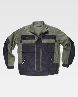 Zweifarbige Jacke mit Reißverschluss, Streifenkragen, 2 Brusttaschen und 2 Saum. Khaki Green Black