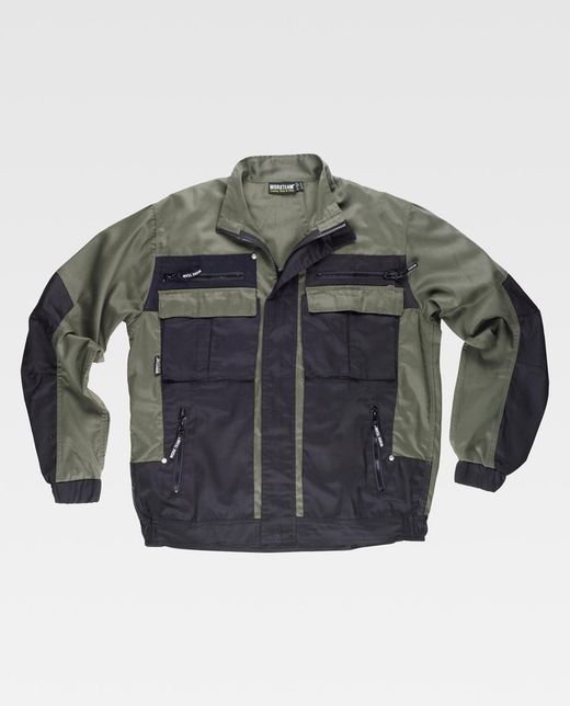 Zweifarbige Jacke mit Reißverschluss, Streifenkragen, 2 Brusttaschen und 2 Saum. Khaki Green Black